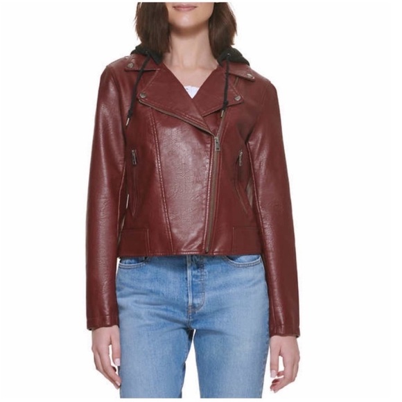 NWT Levi's Ladies Faux Leather Moto Hooded Jacket RED - size L - Picture 2 of 5